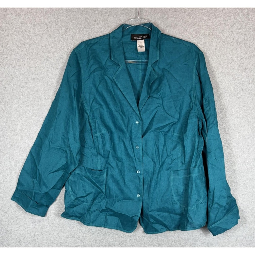 Jones New York Blazer Womens 16W Teal Blue Linen Jacket Collection Woman‎ NWT